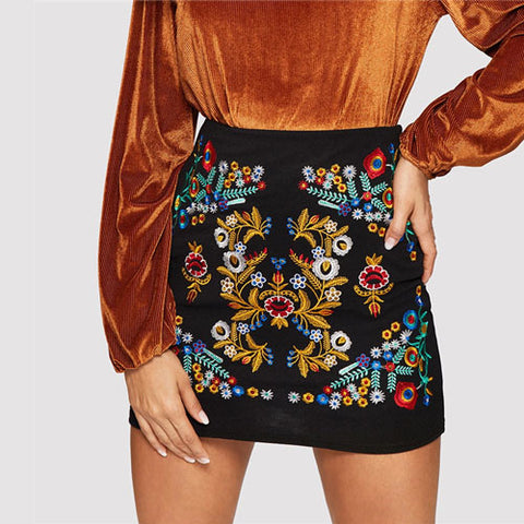 Black Botanical Embroidered Mini Skirt
