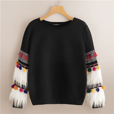 Faux Fur Fringe Pom Pom Sleeve Sweatshirt