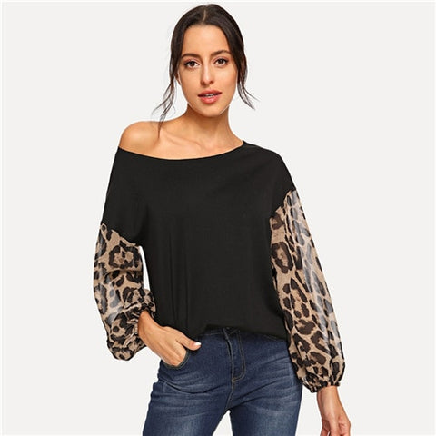 Leopard One Shoulder Mesh Sleeve Top