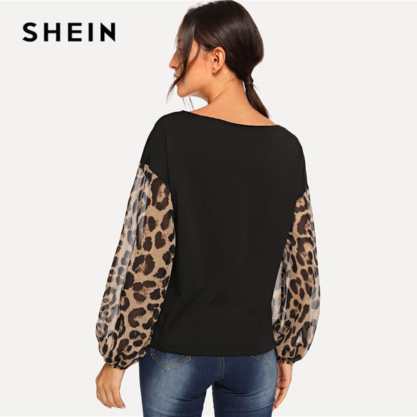 Leopard One Shoulder Mesh Sleeve Top