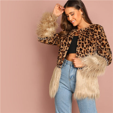 Leopard Faux Fur Long Sleeve Coat
