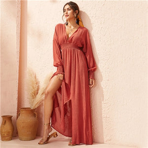 Red Solid Shirred Waist Split Dress