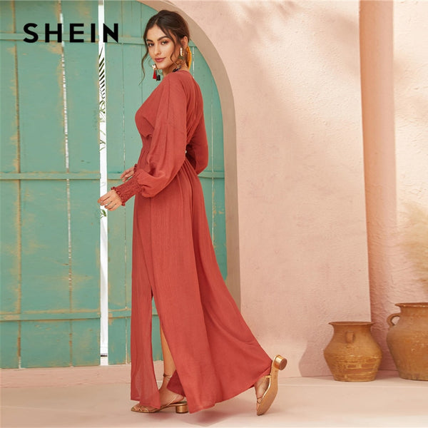 Red Solid Shirred Waist Split Dress