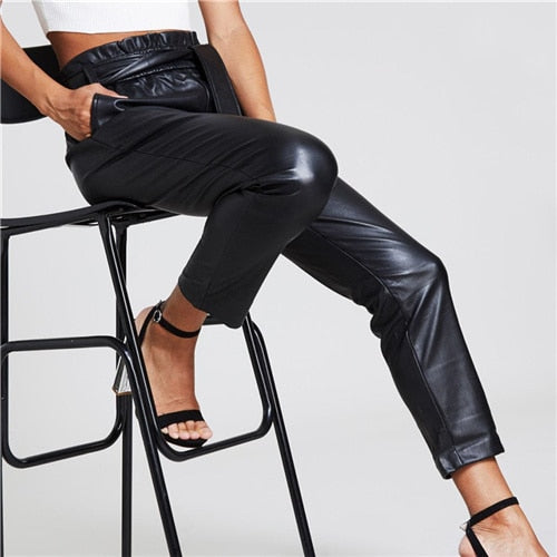 Belted Waist Faux Leather Pencil Ankle-Length Pants