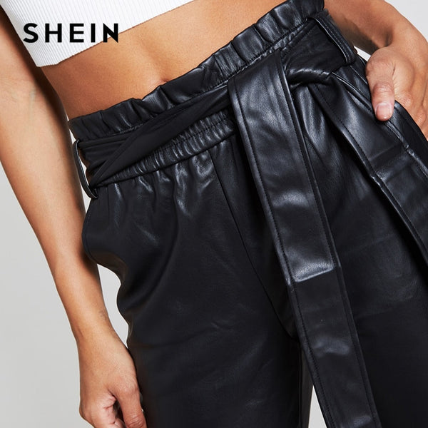 Belted Waist Faux Leather Pencil Ankle-Length Pants