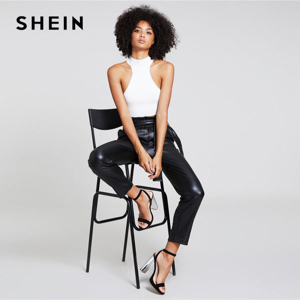 Belted Waist Faux Leather Pencil Ankle-Length Pants