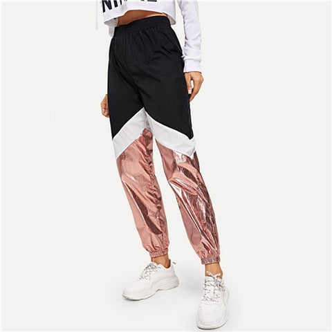 Colorblock Contrast Metallic Tapered Joggers