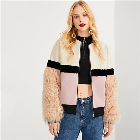 Multicolor Faux Fur Sleeve Plaid Notched Coat