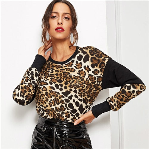 Leopard Colorblock Long Sleeve Sweater