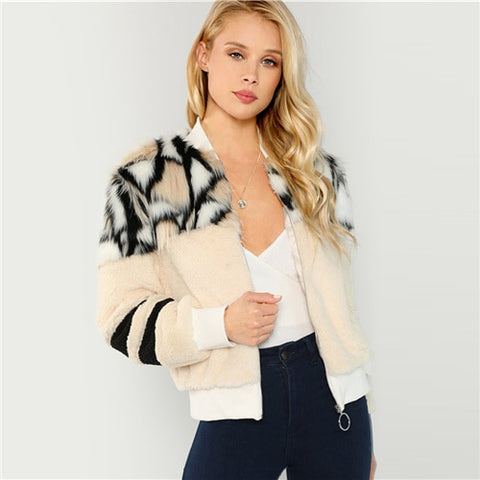 Multicolor Zip Up Faux Fur Coat