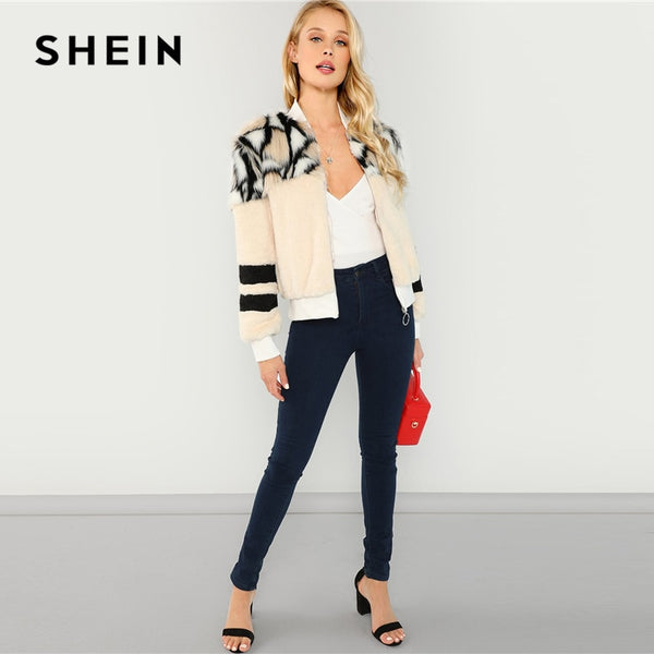 Multicolor Zip Up Faux Fur Coat