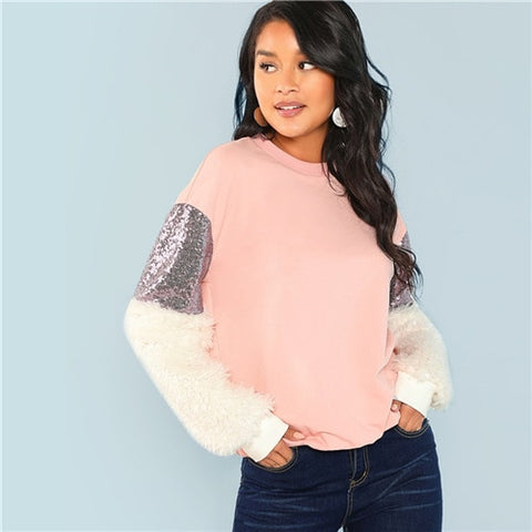 Contrast Faux Fur Sleeve Colorblock Sweatshirt