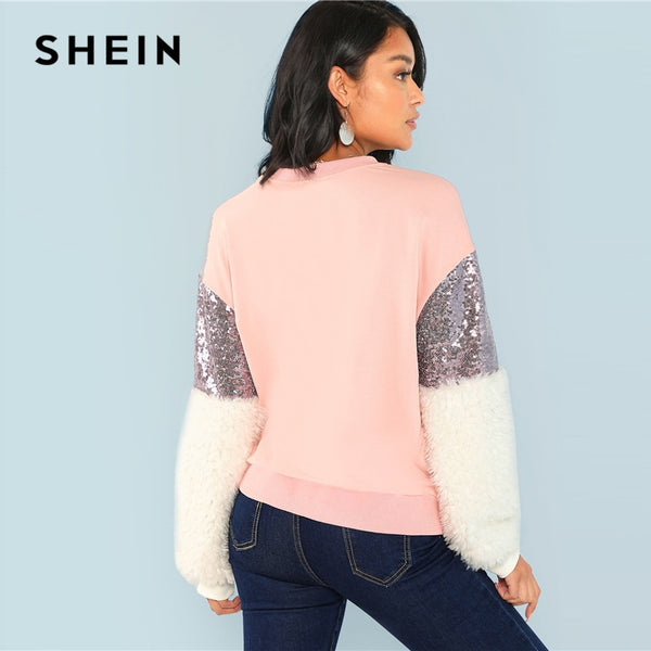 Contrast Faux Fur Sleeve Colorblock Sweatshirt