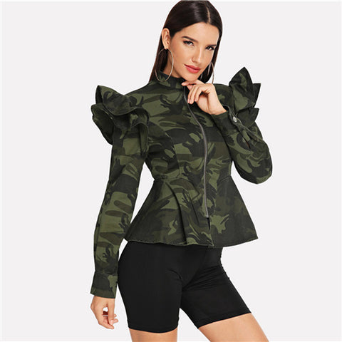 Ruffle Camo Peplum Coat