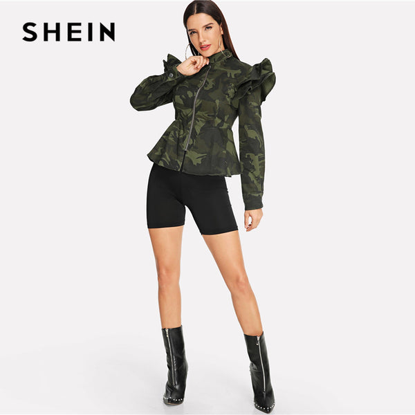 Ruffle Camo Peplum Coat
