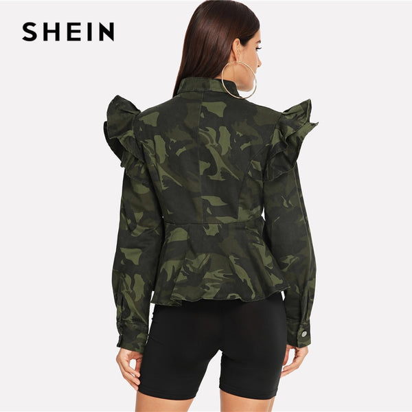 Ruffle Camo Peplum Coat