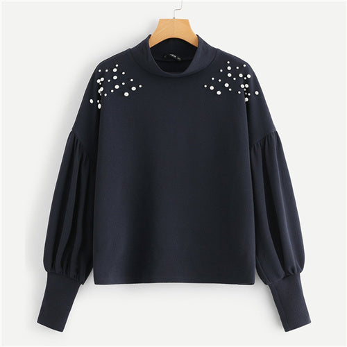Mock Neck Pearl Embellished Drop Shoulder Top