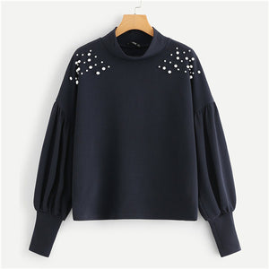 Mock Neck Pearl Embellished Drop Shoulder Top