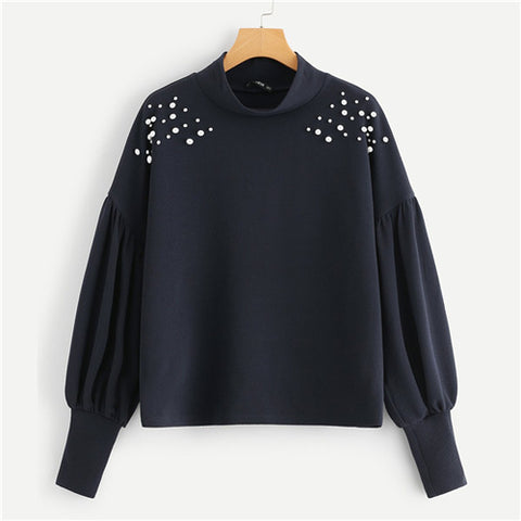 Mock Neck Pearl Embellished Drop Shoulder Top