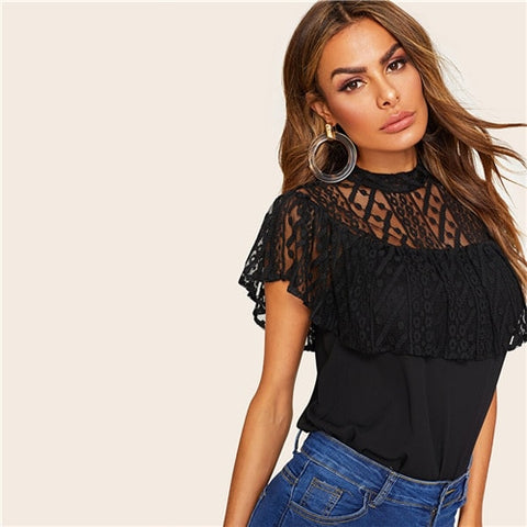 Black Lace Yoke Ruffle Embellished Sheer Top