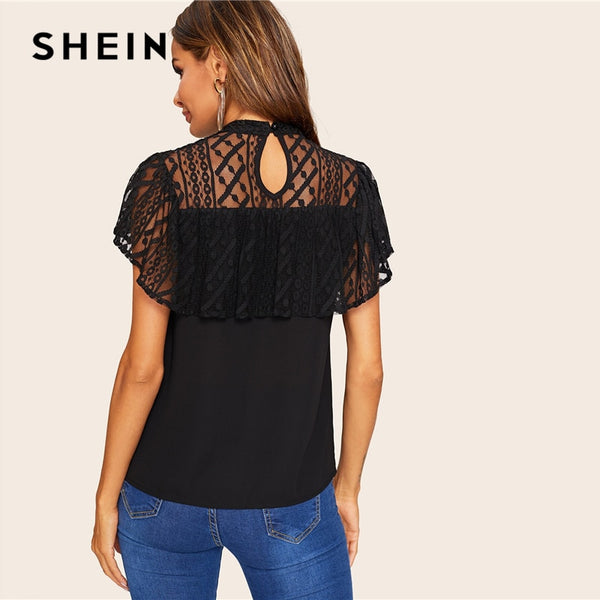 Black Lace Yoke Ruffle Embellished Sheer Top