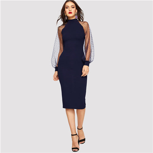 Mesh Lantern Sleeve Bodycon Dress
