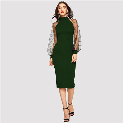 Mesh Lantern Sleeve Bodycon Dress