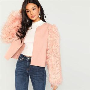 Pink Faux Fur Sleeve Coat