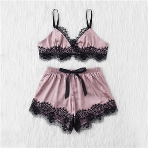 Pink Scalloped Eyelash Lace Cami Top and Short Pajama Set
