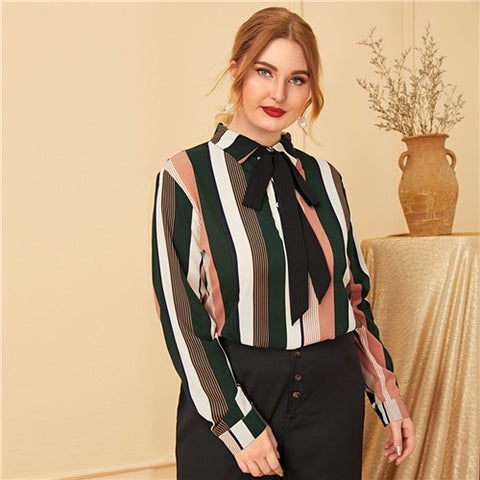 Plus Size Stripe Tie Neck Blouse