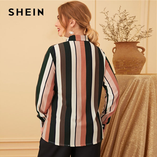 Plus Size Stripe Tie Neck Blouse