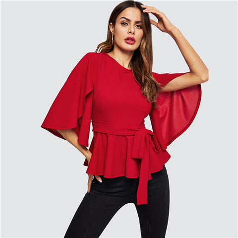 Red Split Flared Half Sleeve Belted Peplum Top