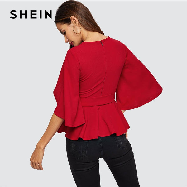 Red Split Flared Half Sleeve Belted Peplum Top