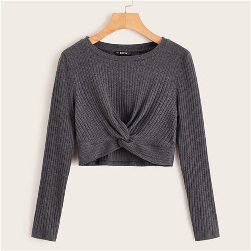 Twist Front Rib-knit Crop Top