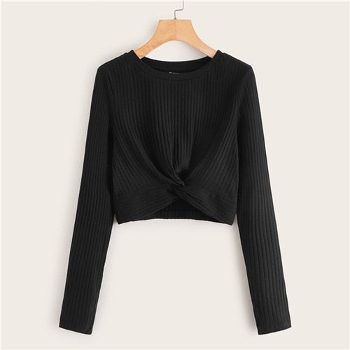 Twist Front Rib-knit Crop Top