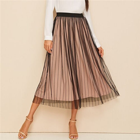 Striped Mesh Overlay Pleated Skirt