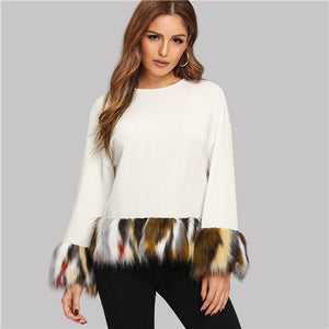 White Contrast Faux Fur Drop Shoulder Sweater