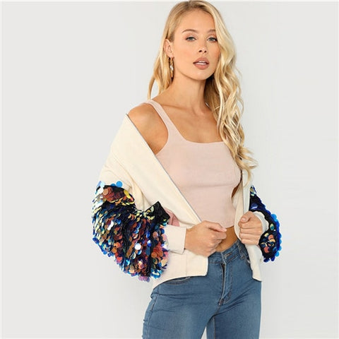 Sequin Sleeve Zip Up Jacket