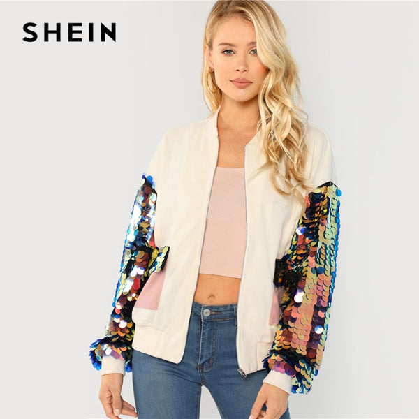 Sequin Sleeve Zip Up Jacket