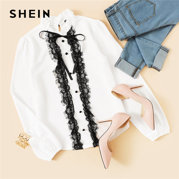 White Tie Neck Buttoned Lace Trim Keyhole Back Top