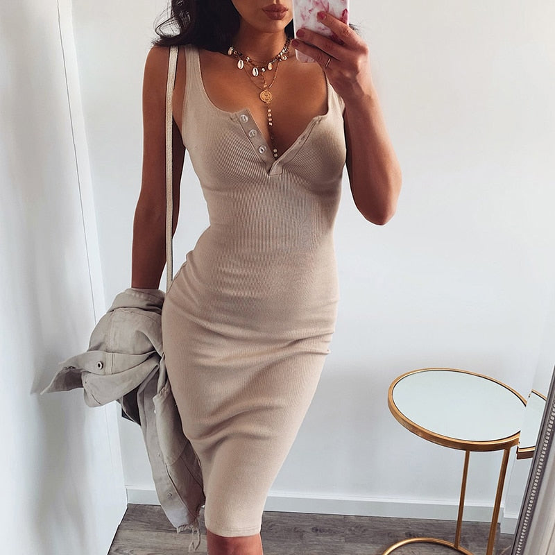 Knee-Length V-Neck Bodycon Dress
