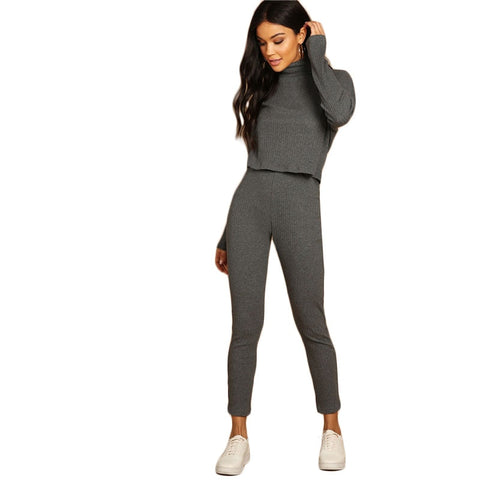 Grey Turtleneck Rib-knit Drop Shoulder Crop Top and Leggings Set