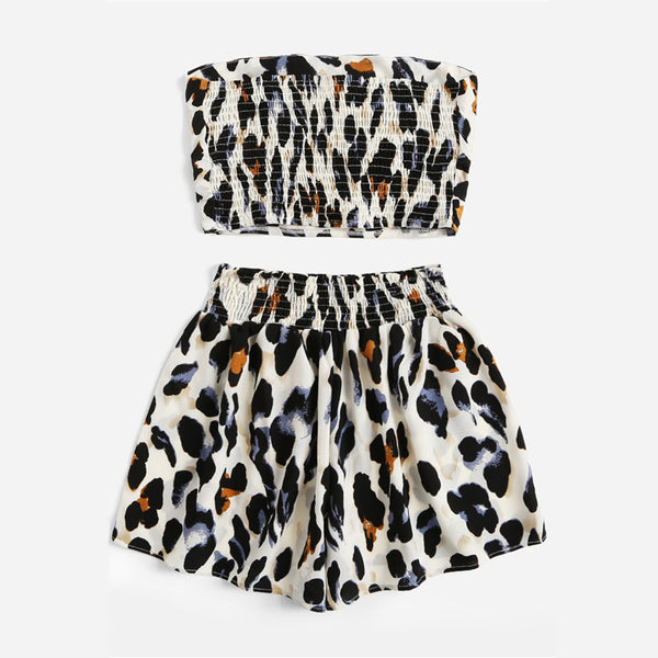 Leopard Print Twist Front Crop Bandeau Top With Shorts Set