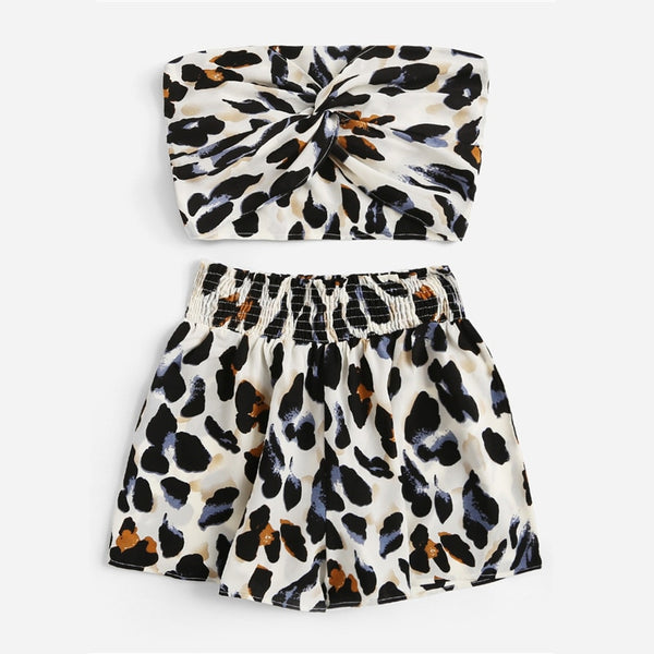 Leopard Print Twist Front Crop Bandeau Top With Shorts Set