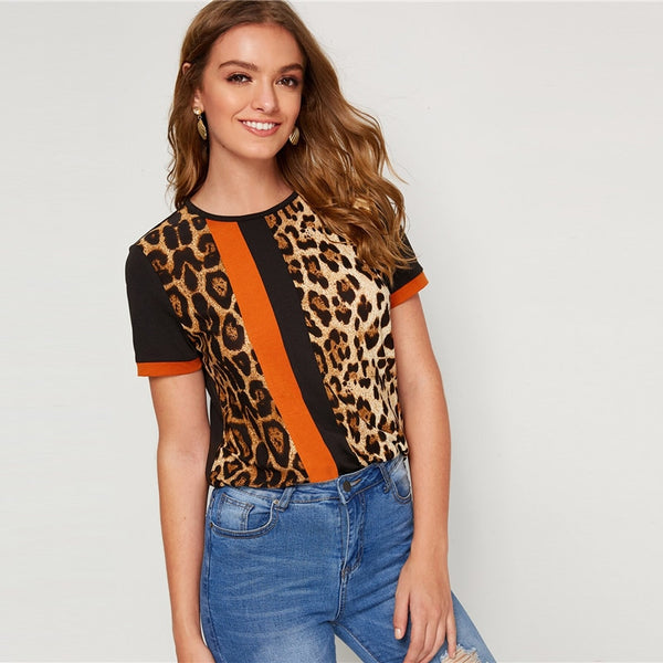 Color Block Leopard Panel Short Top