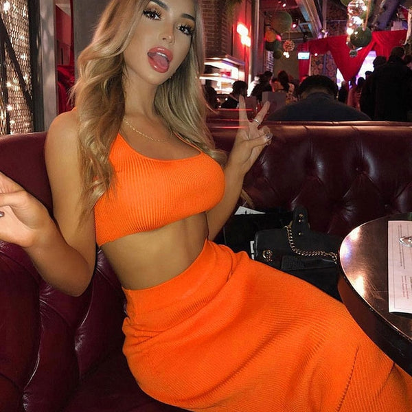 Neon Ribbed Knit Crop Top and Skirt Set