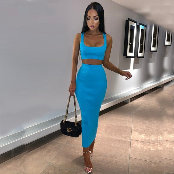 Neon Ribbed Knit Crop Top and Skirt Set