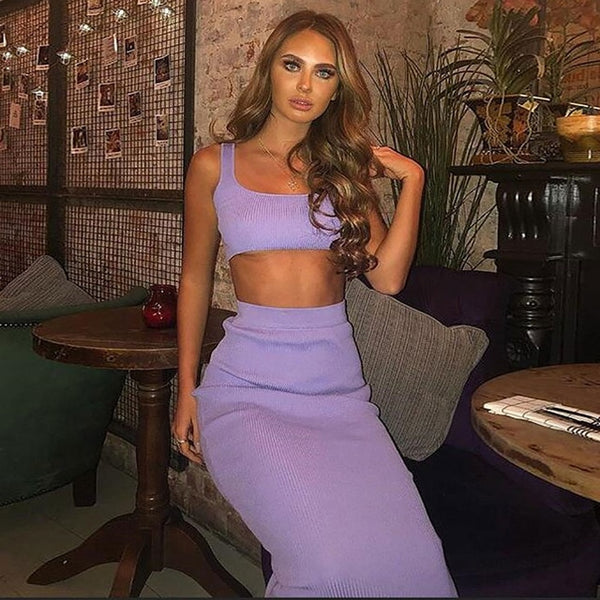 Neon Ribbed Knit Crop Top and Skirt Set
