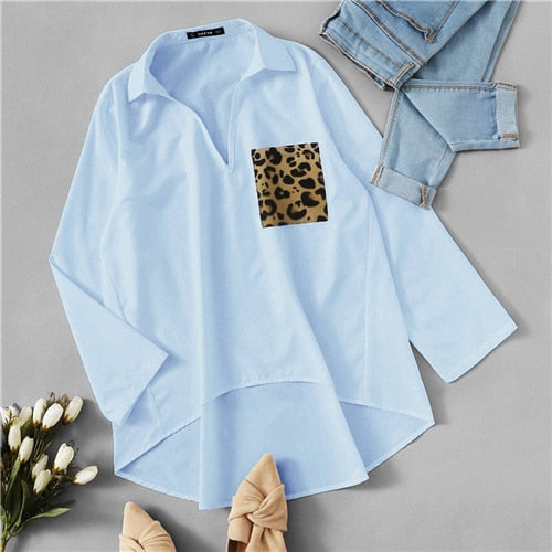 Patched Leopard Pocket Dip Hem White Blouse