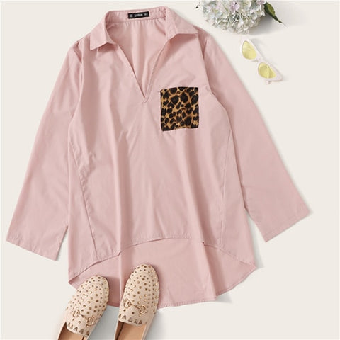 Patched Leopard Pocket Dip Hem White Blouse